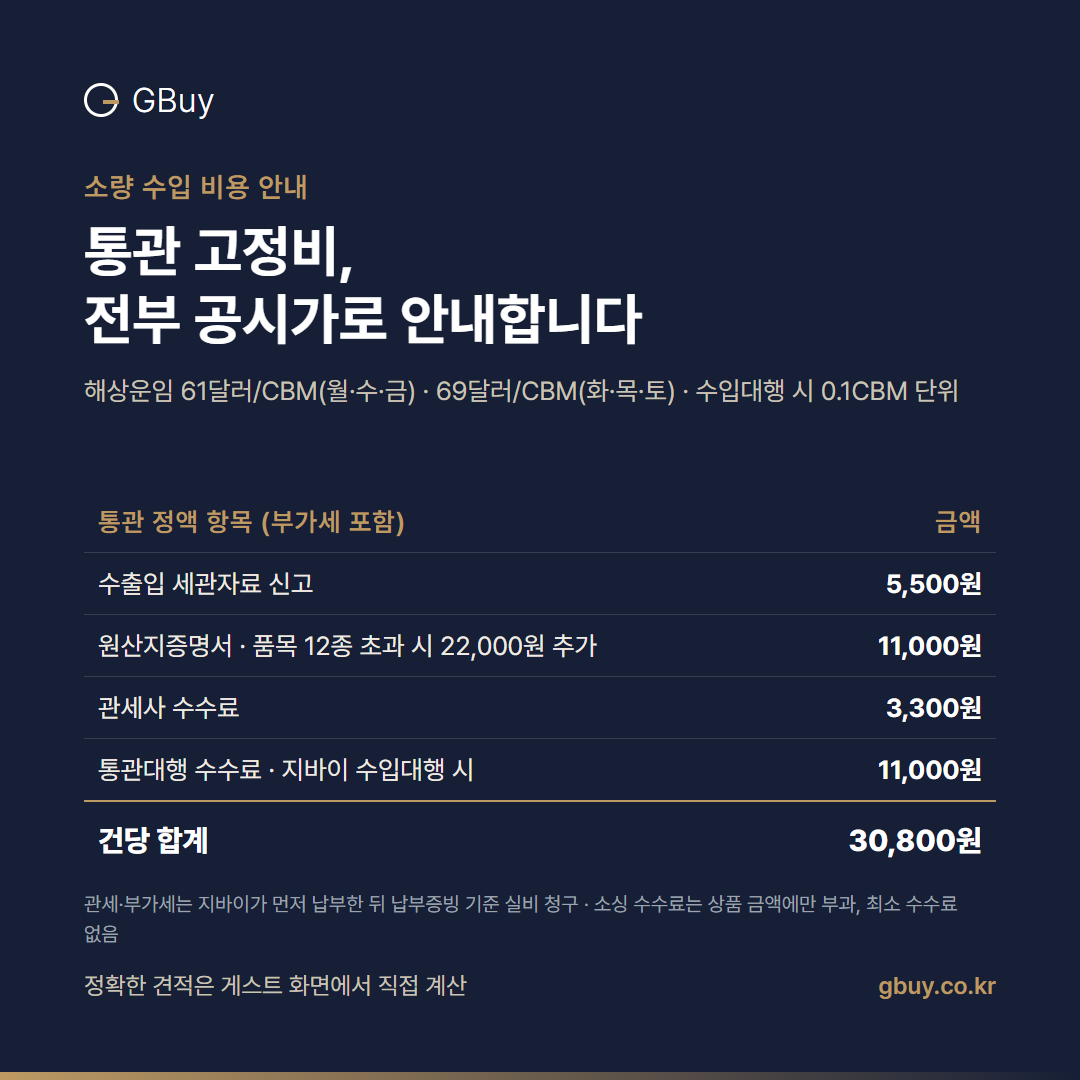 소량 수입 통관 정액 비용표: 세관자료 신고, 원산지증명서, 관세사 수수료, 통관대행 수수료